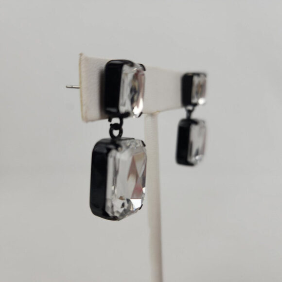 Black & Silver Square Faceted Drop Statement Earrings - Picture 2 of 5